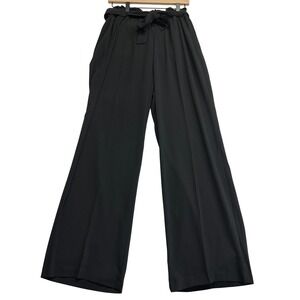 Black Paperbag Waist Wide Leg Trousers with Tie Belt and Pockets